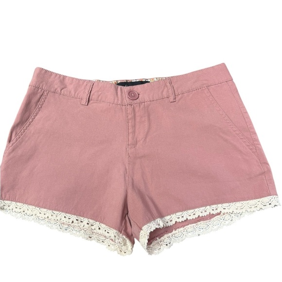 Ambiance apparel.   High Waist Pink and Cream Lace Trim Shorts - Picture 1 of 5